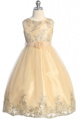 Champagne Sequin and Embroidered Dress with Flower Waist